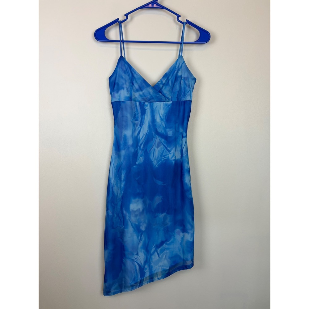 Girls Only Slip Dress Small Blue Y2K Vintage Asymmetrical Watercolor Babydoll